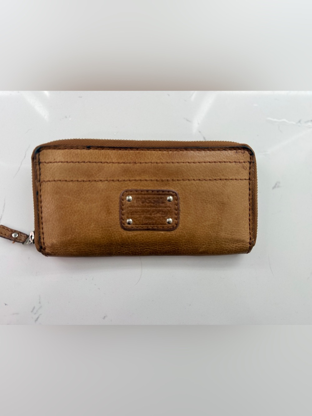 Vintage Fossil Leather Zip Around Wallet Brown Tan Key Print Lining - Picture 2 of 16